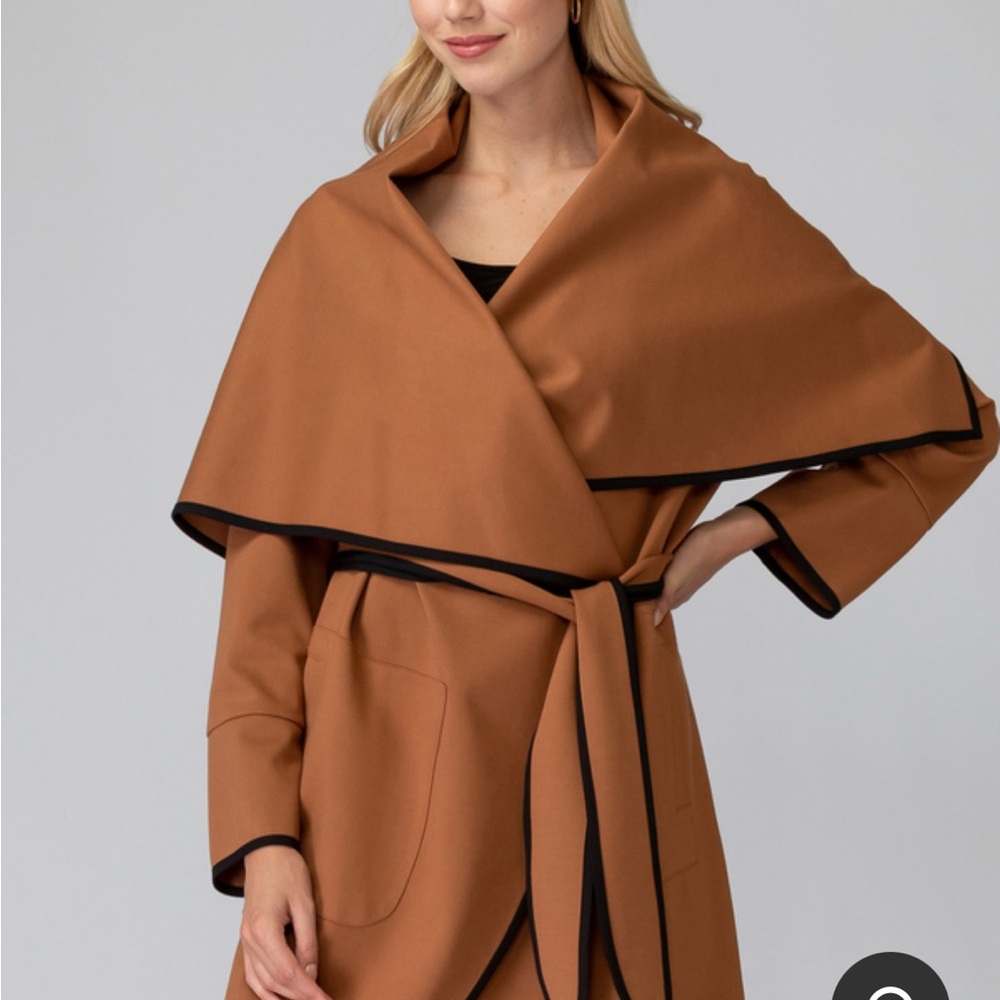 Joseph Ribkoff Tan Wrap Coat with Black Accents, classic spring/ fall
